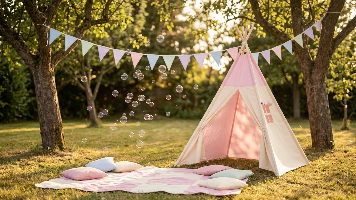 A garden den with bunting and a picnic blanket in afternoon sun