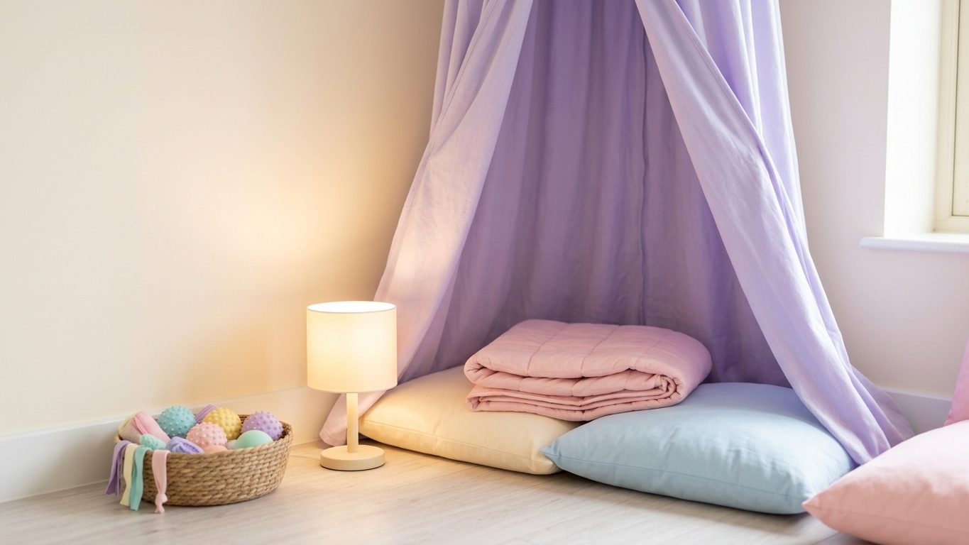 A quiet corner with a fabric den, weighted blanket and low lamp