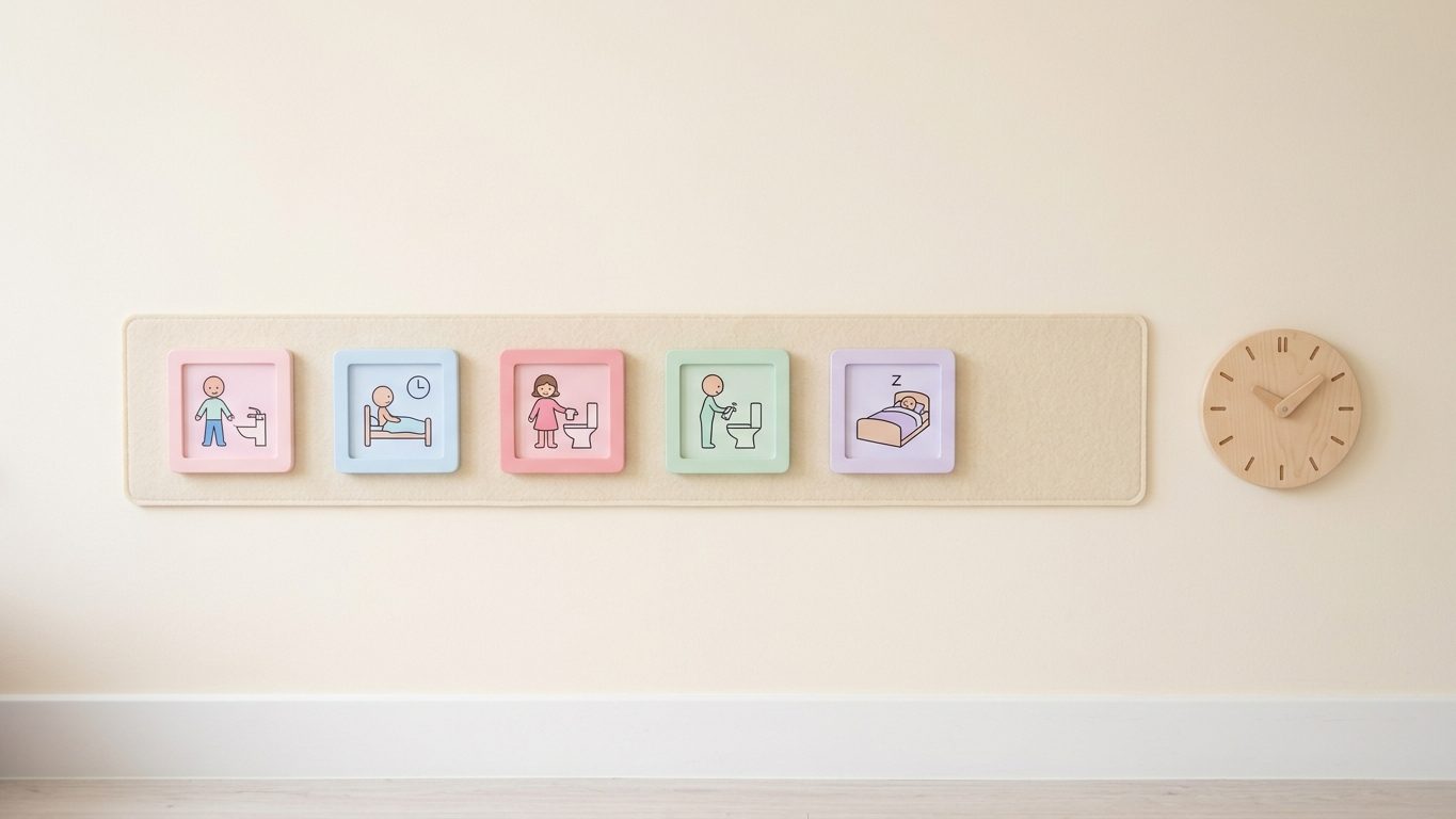 A visual timetable strip of five pastel symbol cards beside a wooden clock