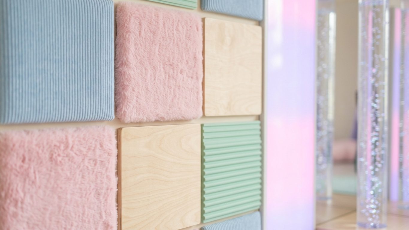 A wall of textured tactile panels beside a soft glowing light panel