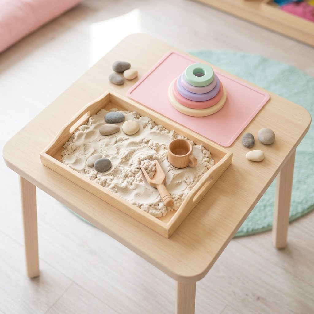 A low table set up for sensory play with kinetic sand and wooden scoops