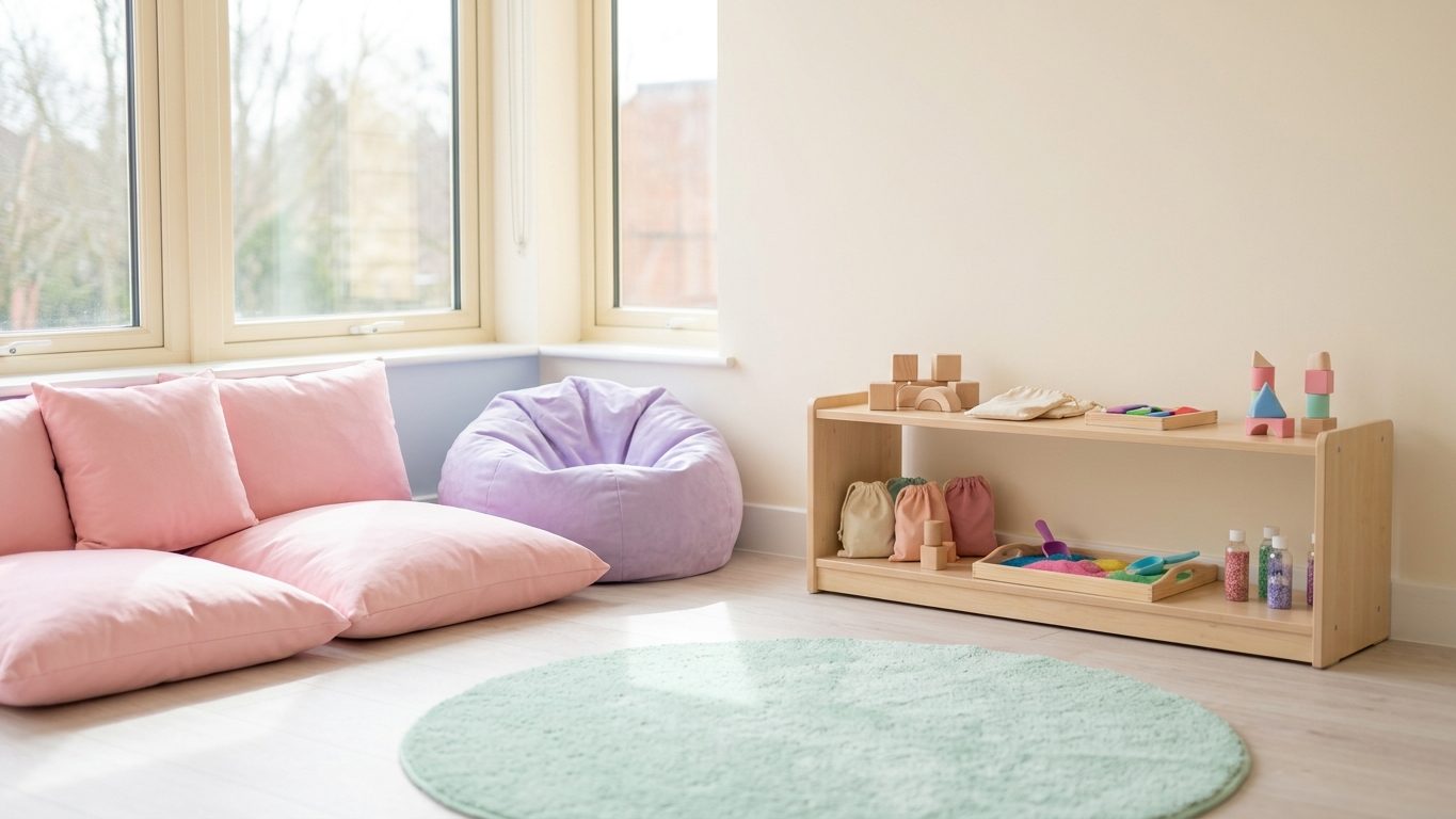Calm sunlit sensory play room with pastel cushions and neatly arranged toys