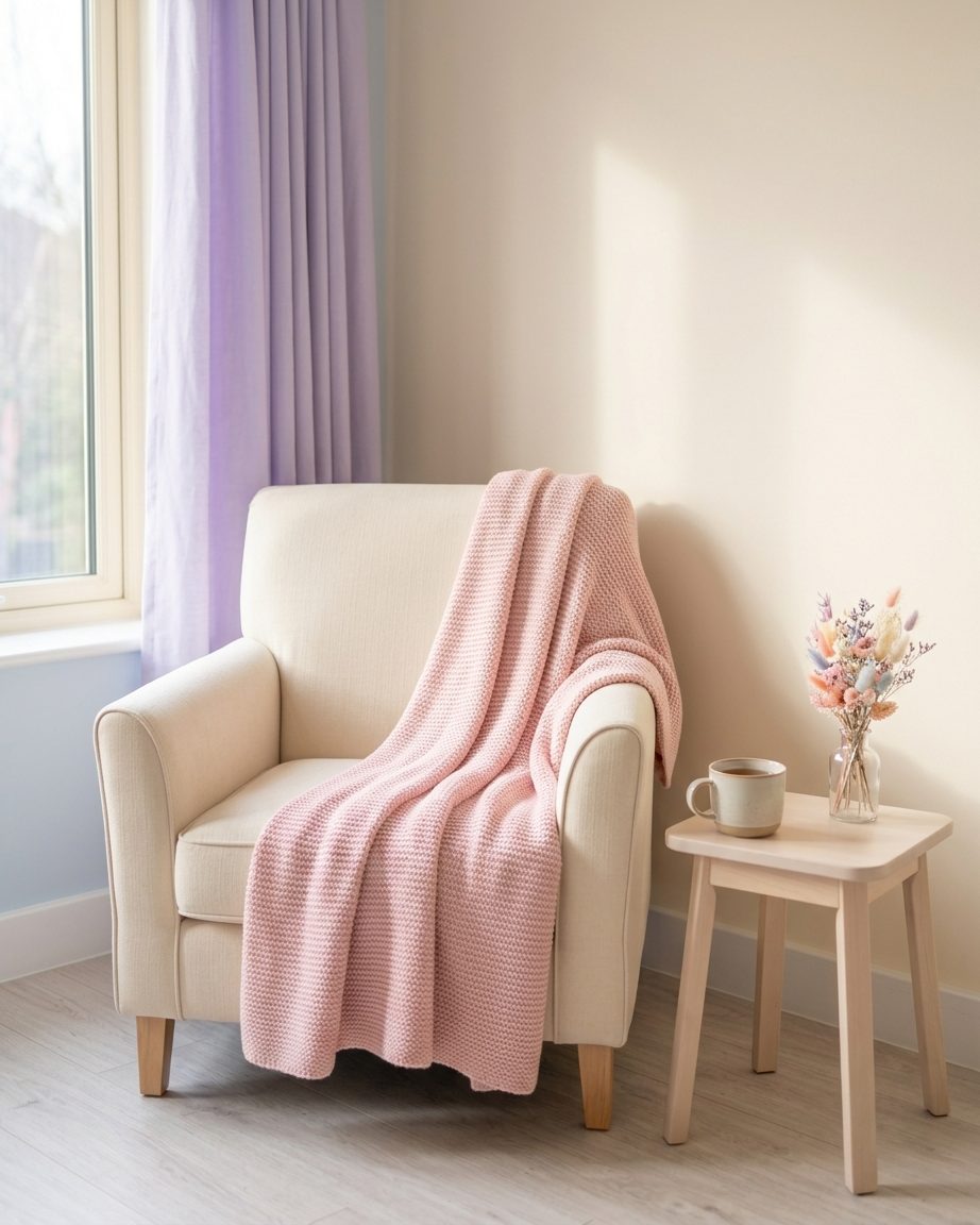 A quiet armchair by a window with a knitted throw and a cup of tea